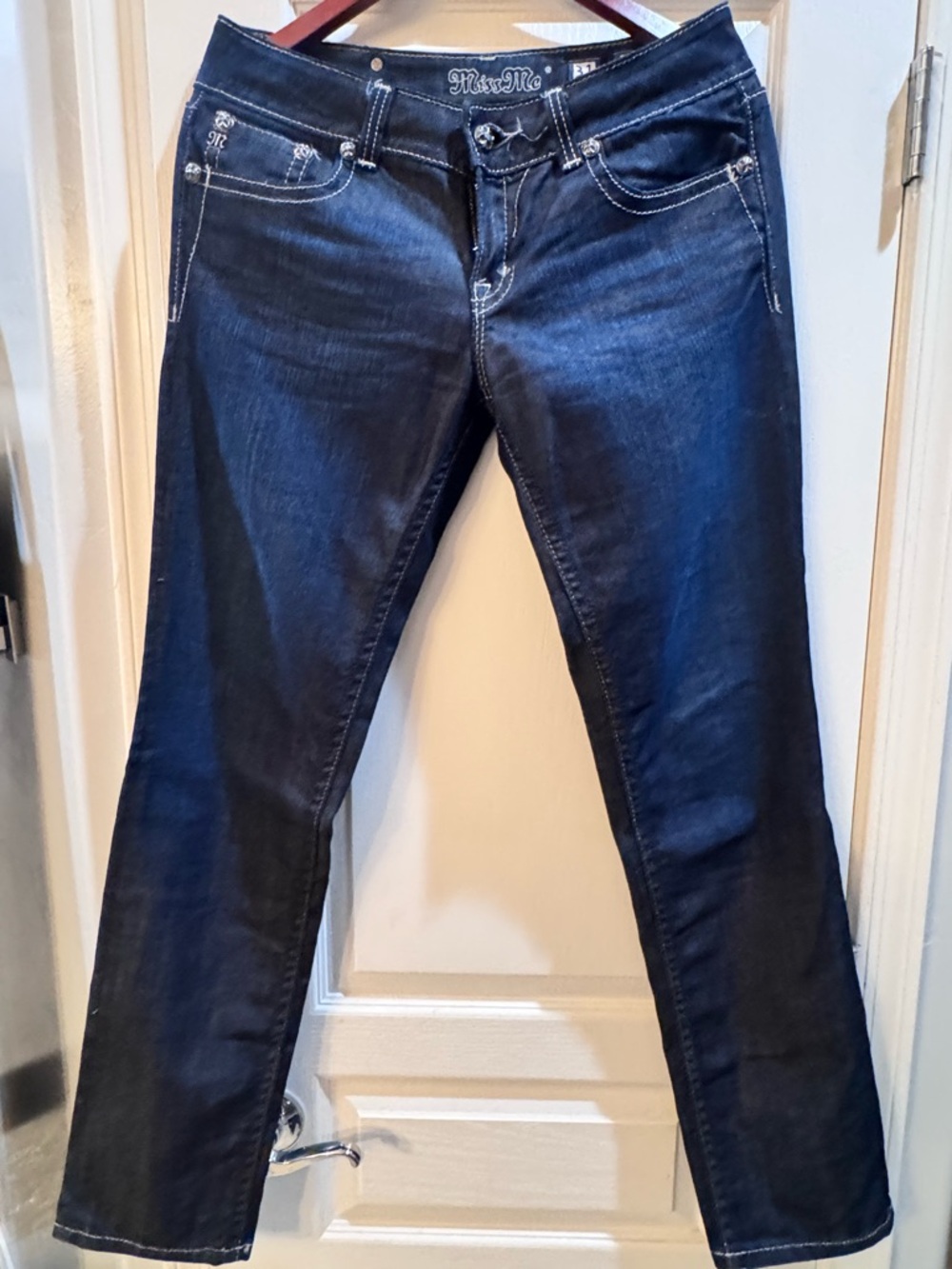Miss Me Dark Indigo Skinny Jeans with White Stitching